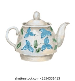 White teapot with blue floral painting. Teakettle, watercolor illustration on white. Tea drinking, birthdays and holidays, Maslenitsa. - Powered by Shutterstock