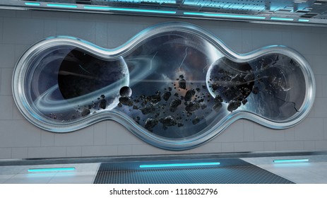White tech spaceship round window interior with view on distant planets system 3D rendering elements of this image furnished by NASA