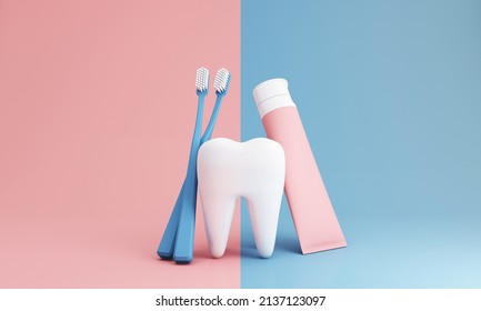 White teeth, toothbrush and toothpaste tube for product presentation isolated on blue and pink background, in concept of Oral Health and Dental Care and Oral Care. 3d rendering  - Powered by Shutterstock