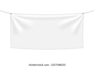 White textile banner with folds, isolated on white background. Blank hanging fabric template, empty mockup