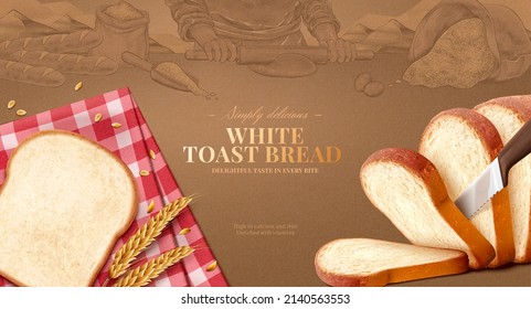 White toast bread ad. 3D Illustration of a realistic loaf of white bread sliced with a bread knife on engraved background of bread making scene