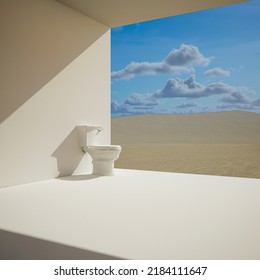 White toilet bowl on blue sky and green grass background, copy space. 3d illustration