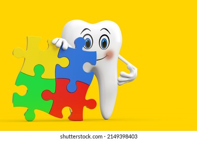 White Tooth Person Character Mascot with Four Pieces of Colorful Jigsaw Puzzle on a yellow background. 3d Rendering 