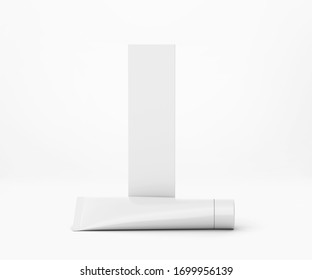 White Toothpaste Tube with Box, Blank Container 3D Rendering isolated on light background