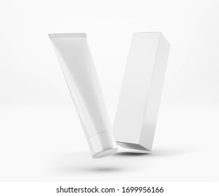 White Toothpaste Tube with Box, Blank Container 3D Rendering isolated on light background