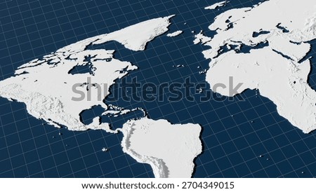 White Topographic World Map View of Americas Europe and Africa. 3d rendering