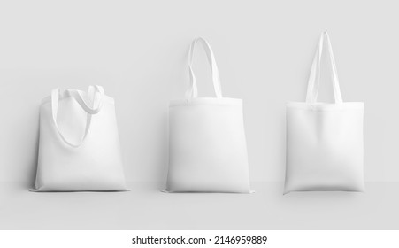 White Totebag Mockup With Handles, 3D Rendering, Isolated On Wall Background. Textured Ecological Sack Template With Space For Design, Pattern,print. Set Of Cotton Reusable Ecobag For Retail, Shopping