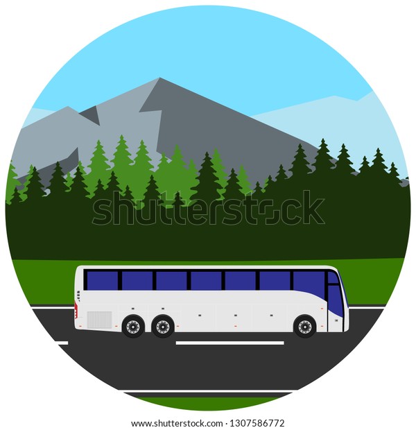 White tourist bus driving on the road raster\
illustration. Mountain landscape or background. Bus travel road\
round icon. Bus\
highway