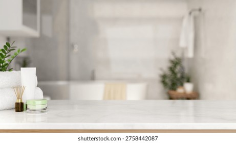 White towel with diffuser and cream jar on marble counter table across tub in modern luxury bathroom. Product Display, 3D Rendering, 3D illustration.