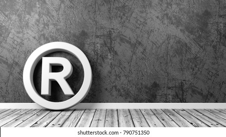White Trademark Symbol Shape on Wooden Floor Against Grey Wall with Copyspace 3D Illustration