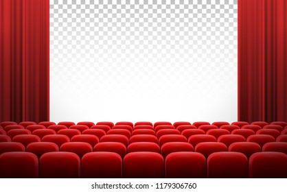 White transparent cinema movie theatre screen with red curtains and rows of chairs, realistic illustration, background. Concept movie premiere, poster with interior of cinema and space for text