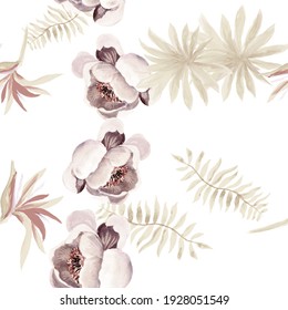 White Tropical Painting. Gray Seamless Plant. Brown Pattern Foliage. Flower Textile. Wallpaper Textile. Spring Nature. Decoration Botanical. Drawing Leaves.