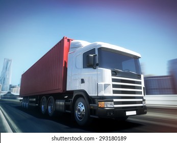 White Truck With Red Cargo Container On Blurry Asphalt Road With City 