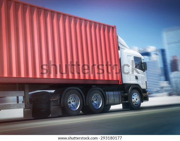 White truck with Red cargo container on blurry asphalt\
road with city 