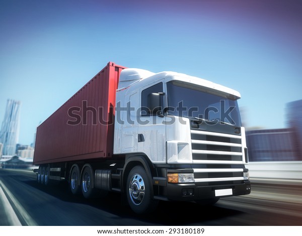 White truck with Red cargo container on blurry asphalt
road with city 