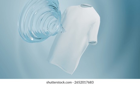 A white T-shirt in 3D space with circular wave energy hitting it. The image represents deep cleaning, odor removal, or freshness effects.