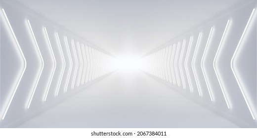 White tunnel with glowing neon arrow pointers sign on walls. 3d render.