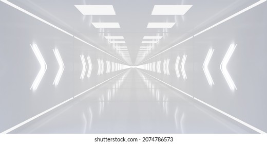 White Tunnel With Glowing Neon Arrow Pointers Sign On Walls. 3d Illustration.