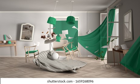 White And Turquoise Living Room, Home Chaos Concept With Chairs And Table, Window And Curtains, Broken Vase, Furniture And Other Accessories Flying In The Air, Explosion, Gust Of Wind, 3d Illustration