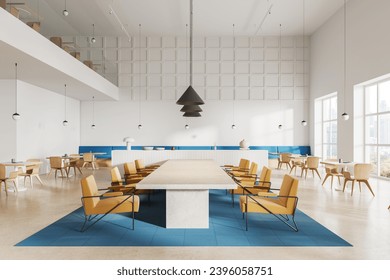 White two-storey restaurant interior with work zone and armchairs, dining table with seats and panoramic window on New York skyscrapers. Minimalist cafe conference space. 3D rendering