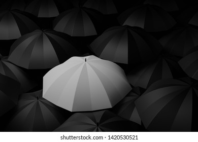 White umbrella in the midst of black. Difference concepts. 3D rendering.