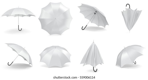 White umbrellas and parasols in various positions open and folded collection. 3d rendering