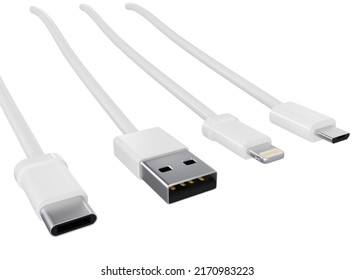 White USB Data Cables Type A, And Type C Plugs, Micro USB And Lightning, Universal Computer And Phone Connection On White Background. Electric Connect Charger Usb Cables. 3D Render