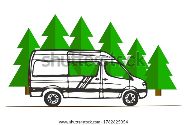 White van with\
forest in the background. Living van life, camping in nature,\
travelling icon. Illustration.\
