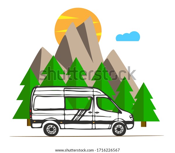 White\
van with forest and mountains in the background. Living van life,\
camping in the nature, travelling.  Illustration.\
