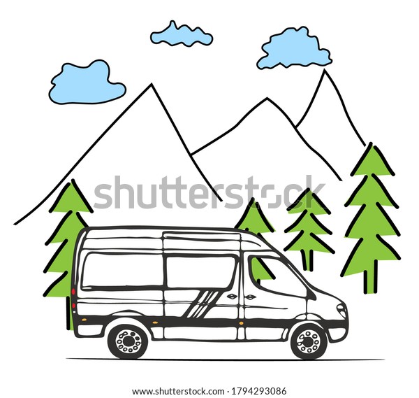 White\
van with forest and mountains in the background. Living van life,\
camping in the nature, travelling. Illustration.\
