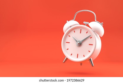 White vintage alarm clock on bright red background. Modern design, 3d rendering.
