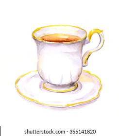 White Vintage Cup And Saucer With Tea Or Coffee. Watercolor 