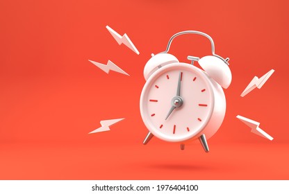 Reloj de alarma de timbre blanco sobre fondo rojo brillante. Diseño moderno, renderización 3d.