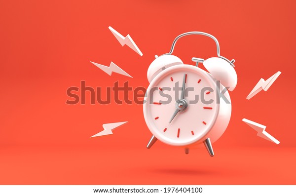 White vintage ringing alarm clock\
on bright red background. Modern design, 3d\
rendering.