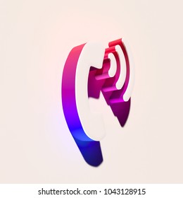 White Volume Control Phone Icon With Pink Shadows. 3D Illustration of White Phone, Telephone, Volume, Ring, Sound, Receiver Icons With Pink and Blue Gradient Shadows.