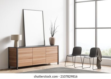 White Waiting Room Interior With Two Chairs Near Window, Side View, Wooden Drawer With Vase And Lamp, Carpet And Parquet Floor. Mock Up Canvas Frame, 3D Rendering