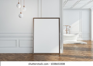White wall bathroom interior with a dark wooden floor, a white tub and a framed vertical poster near the wall in the foreground. 3d rendering mock up