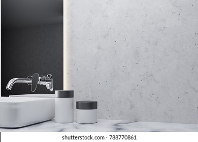 White Wall Bathroom Interior With A White Marble Shelf With A White Angular Sink On It And A Narrow Vertical Mirror. Close Up 3d Rendering Mock Up