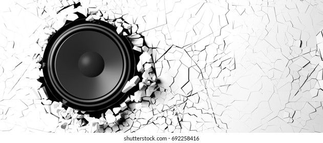 White Wall Breaks From The Sound Of A Loudspeaker. 3d Illustration