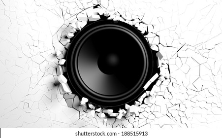 White Wall Breaks From Sound With Speaker Illustration