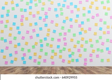 White wall is covered by many colored sticky notes. There is a wooden floor in the room. 3d rendering. - Powered by Shutterstock