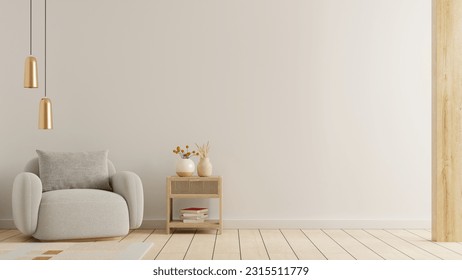 White wall in living room with armchair and accessories.3d rendering
