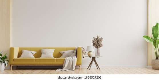 White Wall Living Room Have Yellow Sofa And Decoration,3d Rendering