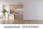 White wall mock up ,Elegant contemporary kitchen room interior Modern Contemporary white and wood material. 3drender