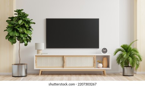 White Wall Mounted Tv On Cabinet In Living Room,minimal Design.3d Rendering