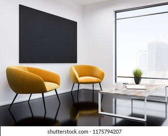 White Wall Office Waiting Room Interior With A Black Glass Like Floor, Two Yellow Armchairs And A Coffee Table. Loft Window With Modern Cityscape And A Tv Set. 3d Rendering Mock Up