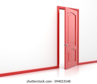 white wall with opened red door 3d rendering