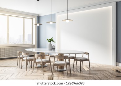 White wall panel in eco style dining room with white table, wooden chairs around on parquet and smoky city view. 3D rendering, mockup