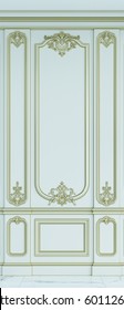 White wall panels in classical style with gilding. 3d rendering