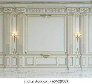 White wall panels in classical style with gilding and sconces. 3d rendering